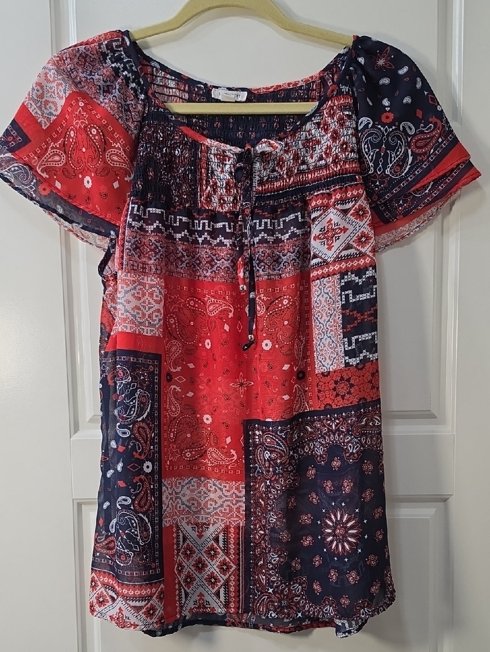 Westport Women’s Red White & Blue Patchwork Handkerchief Peasant Top - Large